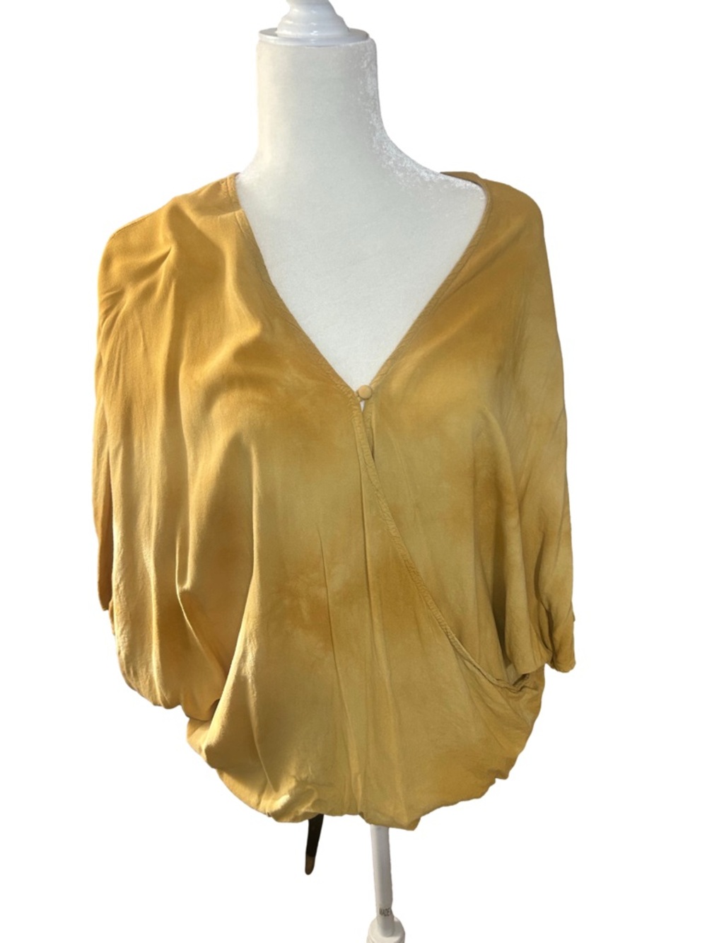 Boho style Democracy Mustard Yellow Draped Tie Dye V-Neck top